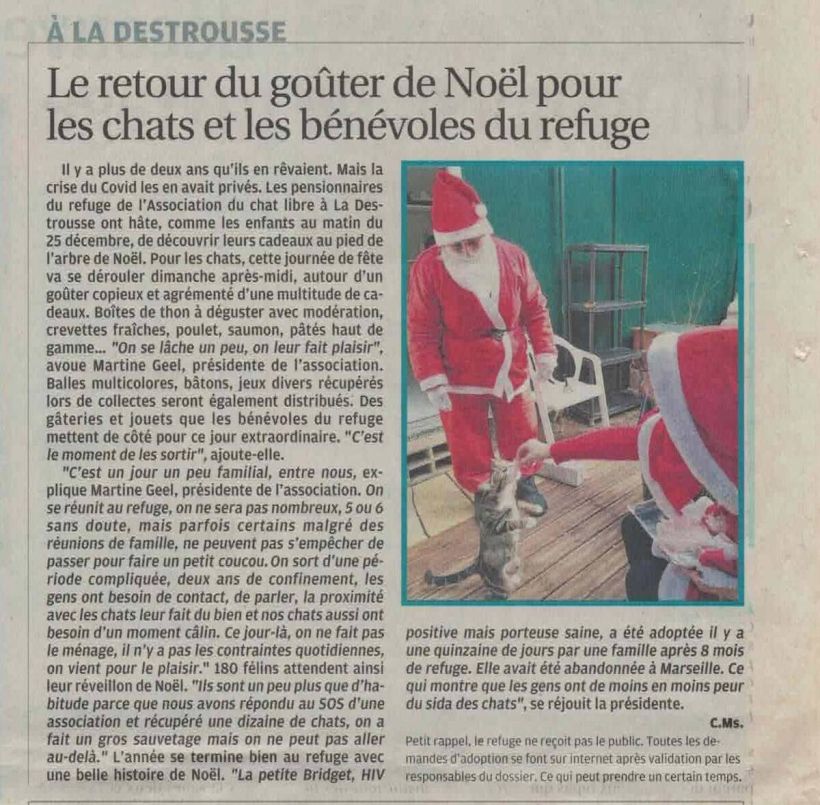 La Provence, 24 décembre 2022

La crise du COVID avait privé les petits pensionnaires du refuge de l'association du chat libre de la fête de Noël depuis 2 ans. Ils en rêvaient ! Comme les enfants au matin du 25 décembre, les chats ont hâte de découvrir leurs cadeaux au pied de l'arbre de Noël. Cette journée de fête se déroulera ce dimanche après-midi autour d'un copieux goûter : boîtes de thon, crevettes fraîches, poulet, saumon, pâtés haut de gamme... 